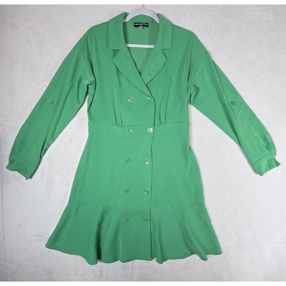 Karl Lagerfeld Paris Green Ruffled Blazer Dress Roll-tab Sleeves Womens Size 8